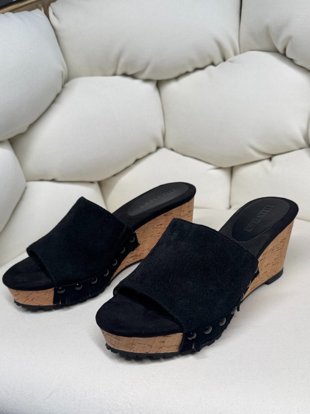 ELLEN TRACY JEWEL Black Suede Fringe & Studs Cork Wedge Slides Sandals Size 7